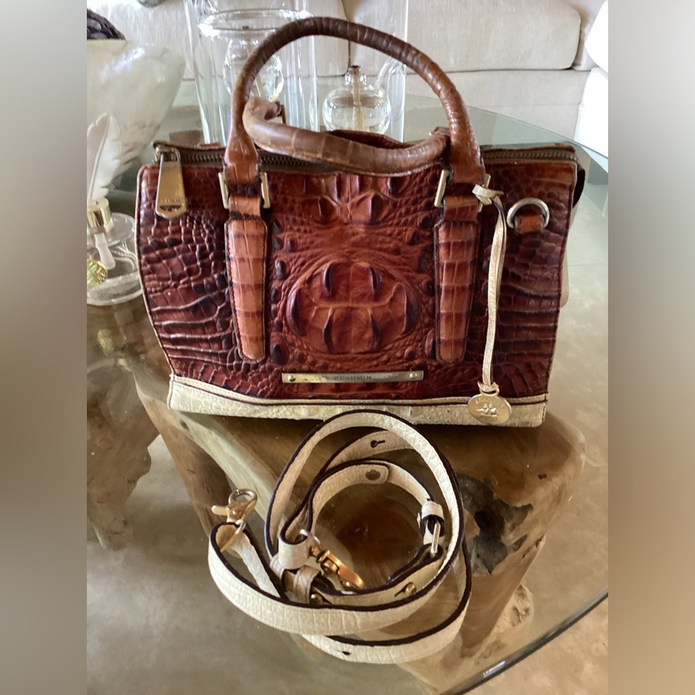 Brahmin Melbourne Tri-Tone  Vintage Shoulder Purse Handbag Tan Brown Croc